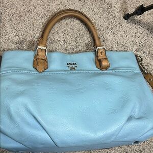 MCM Sky Blue Satchel with Tan Handles